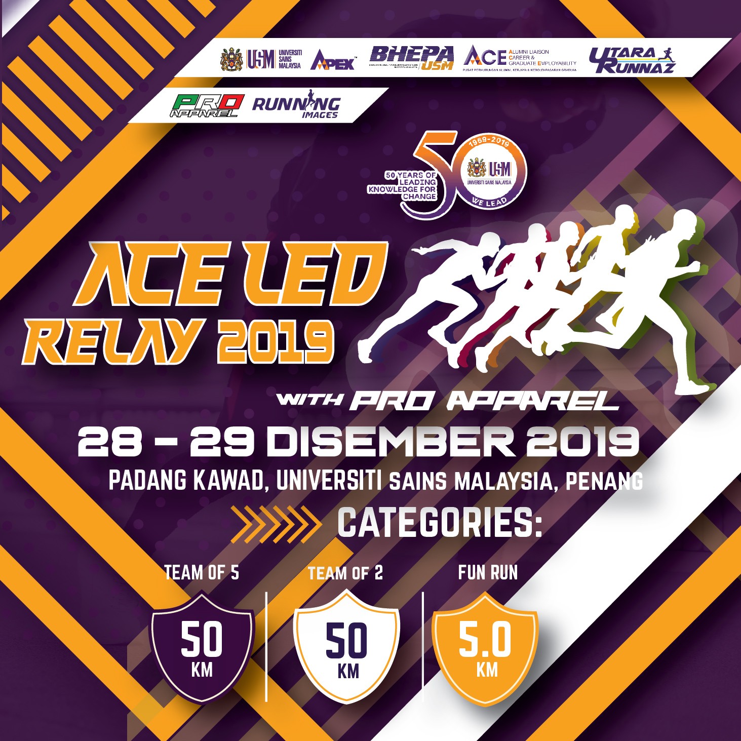 USM 50th ACE LED RELAY 2019 with Pro Apparel banner