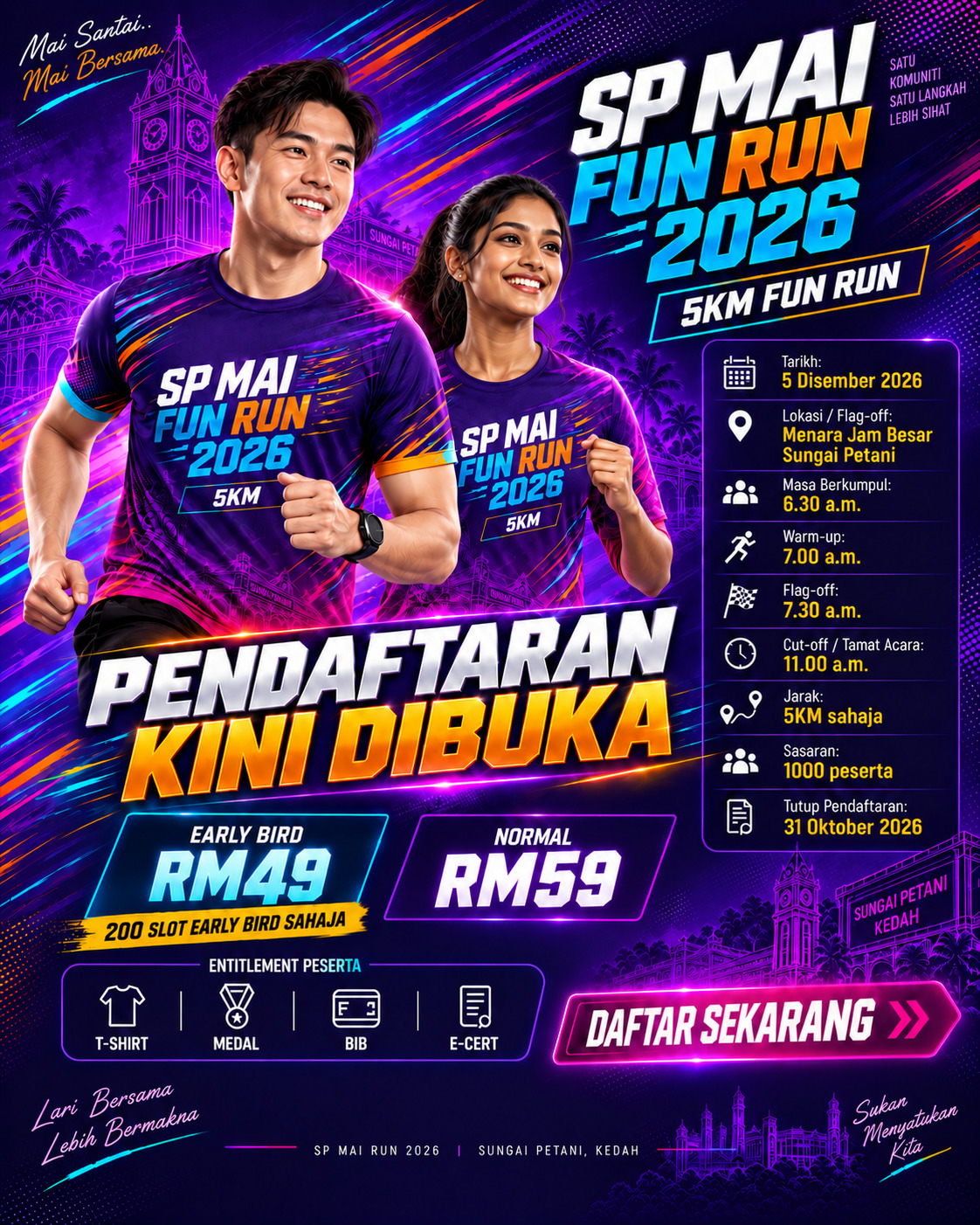 SP MAI FUN RUN 2026 participants at Menara Jam Besar