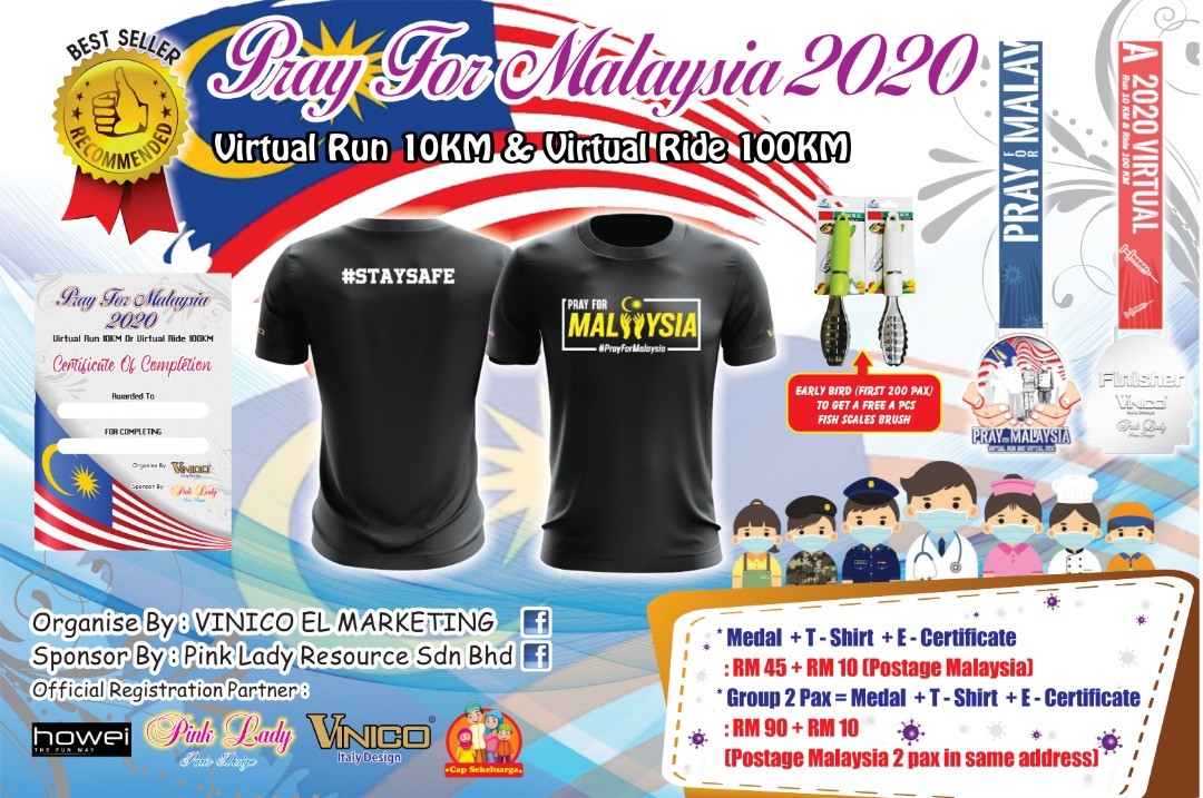 Pray For Malaysia 2020 Virtual Run 10KM  or Virtual Ride 100KM banner